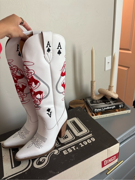 dingo Shoes - dingo White & Red Ace Embroidered Western Knee-High Boots